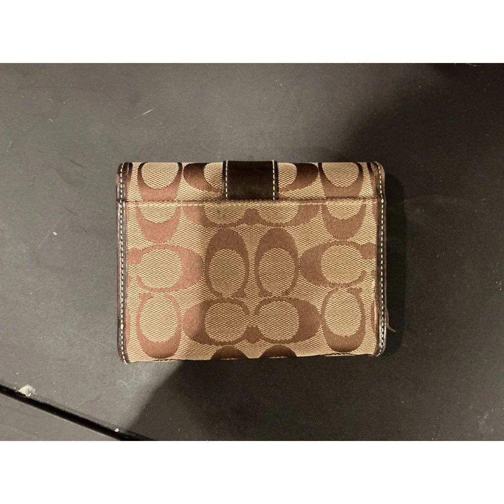 VTG Coach Signature Jacquard Trifold Wallet Brown Leather Trim Monogram Logo YKK
